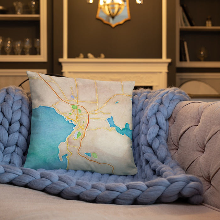 Custom Bellingham Washington Map Throw Pillow in Watercolor on Cream Colored Couch
