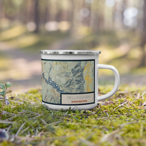 Right View Custom Bellingham Washington Map Enamel Mug in Woodblock on Grass With Trees in Background