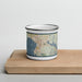 Front View Custom Bellingham Washington Map Enamel Mug in Woodblock on Cutting Board