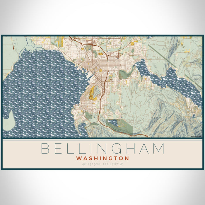 Bellingham Washington Map Print Landscape Orientation in Woodblock Style With Shaded Background