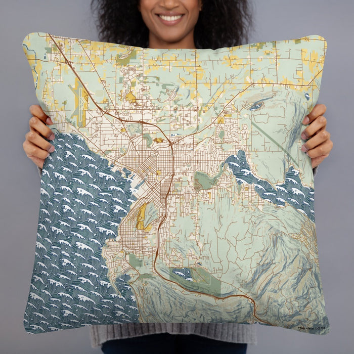 Person holding 22x22 Custom Bellingham Washington Map Throw Pillow in Woodblock