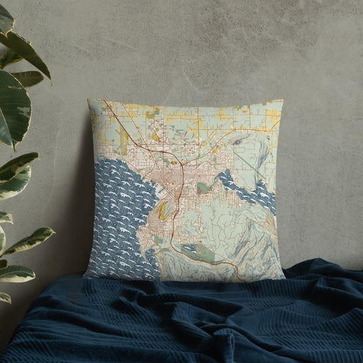 Custom Bellingham Washington Map Throw Pillow in Woodblock on Bedding Against Wall