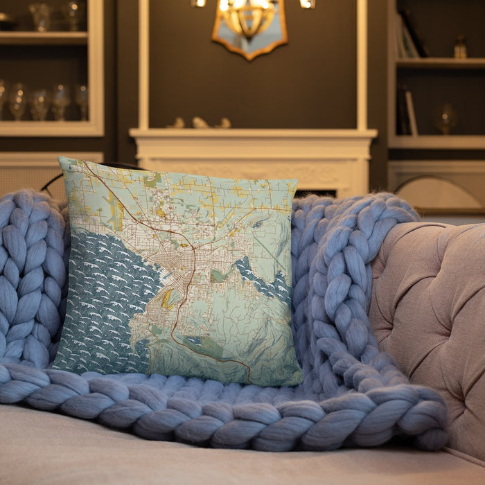 Custom Bellingham Washington Map Throw Pillow in Woodblock on Cream Colored Couch