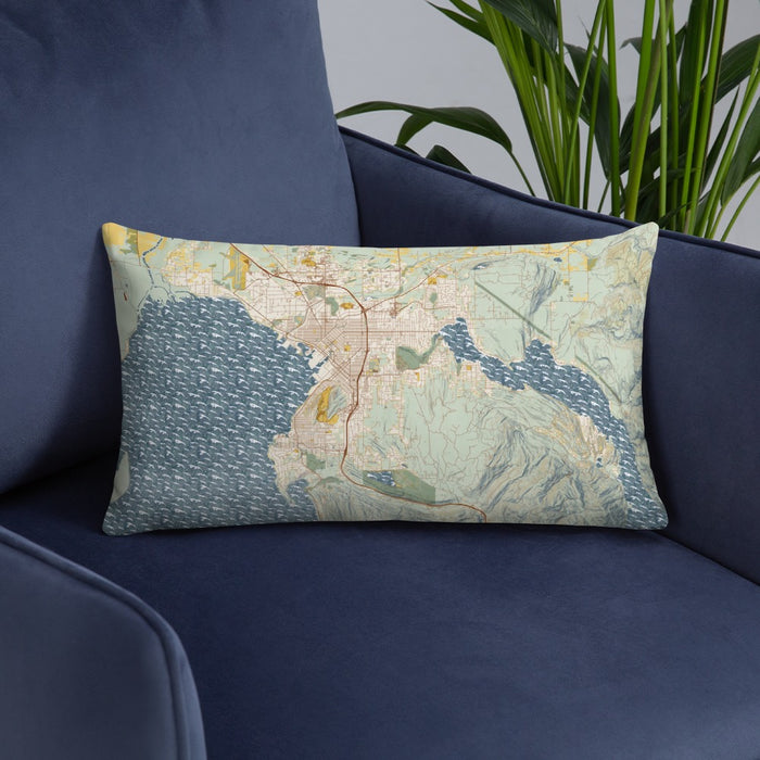 Custom Bellingham Washington Map Throw Pillow in Woodblock on Blue Colored Chair
