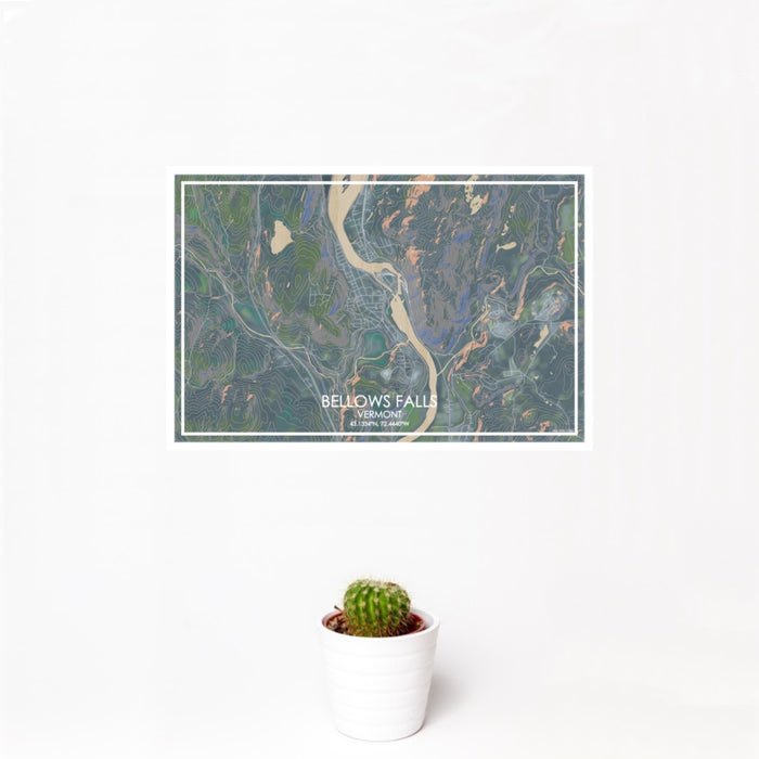 12x18 Bellows Falls Vermont Map Print Landscape Orientation in Afternoon Style With Small Cactus Plant in White Planter
