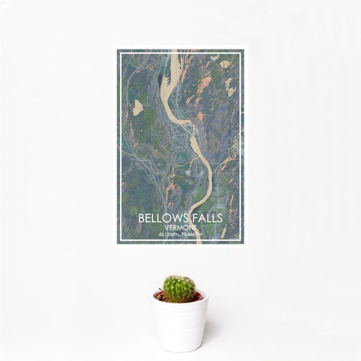 12x18 Bellows Falls Vermont Map Print Portrait Orientation in Afternoon Style With Small Cactus Plant in White Planter