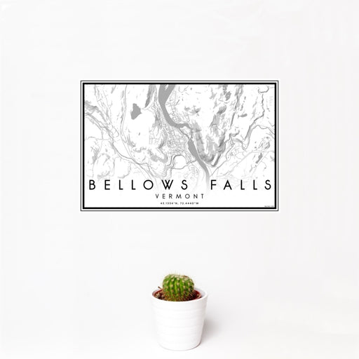 12x18 Bellows Falls Vermont Map Print Landscape Orientation in Classic Style With Small Cactus Plant in White Planter