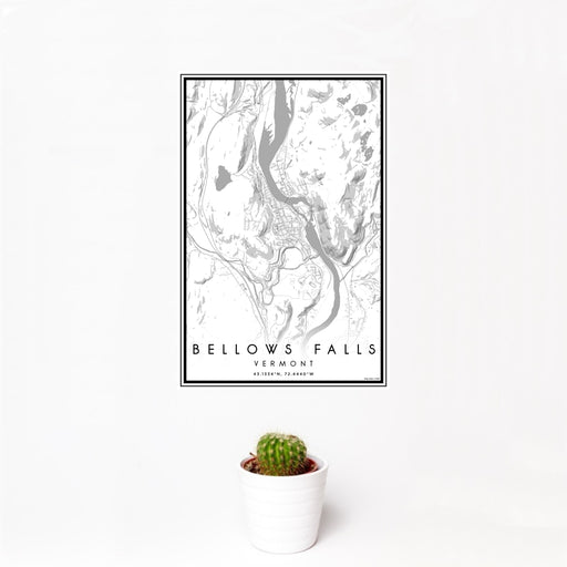 12x18 Bellows Falls Vermont Map Print Portrait Orientation in Classic Style With Small Cactus Plant in White Planter