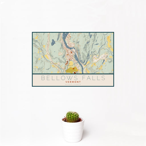 12x18 Bellows Falls Vermont Map Print Landscape Orientation in Woodblock Style With Small Cactus Plant in White Planter