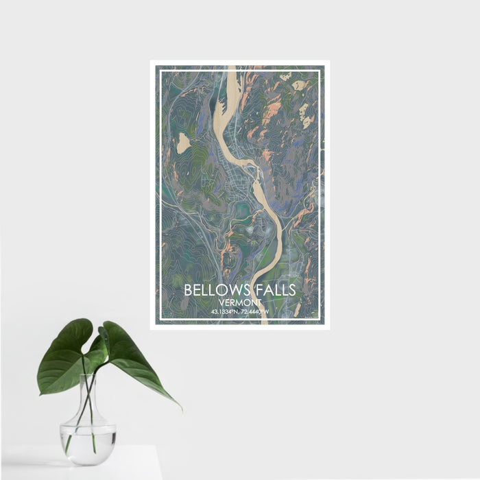 16x24 Bellows Falls Vermont Map Print Portrait Orientation in Afternoon Style With Tropical Plant Leaves in Water