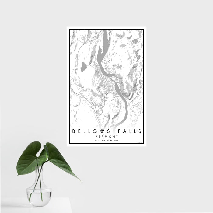 16x24 Bellows Falls Vermont Map Print Portrait Orientation in Classic Style With Tropical Plant Leaves in Water