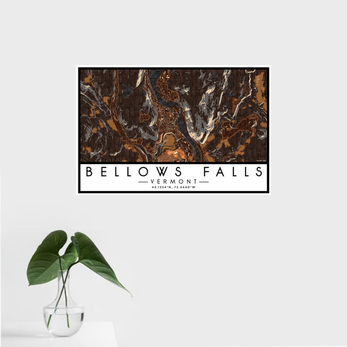 16x24 Bellows Falls Vermont Map Print Landscape Orientation in Ember Style With Tropical Plant Leaves in Water