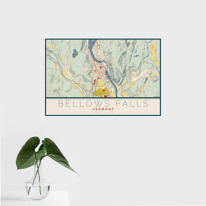 16x24 Bellows Falls Vermont Map Print Landscape Orientation in Woodblock Style With Tropical Plant Leaves in Water