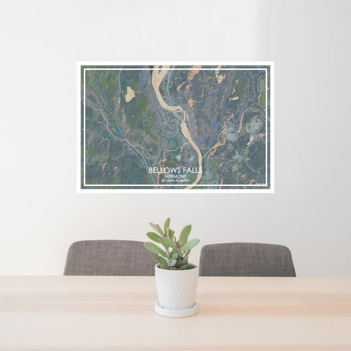 24x36 Bellows Falls Vermont Map Print Lanscape Orientation in Afternoon Style Behind 2 Chairs Table and Potted Plant