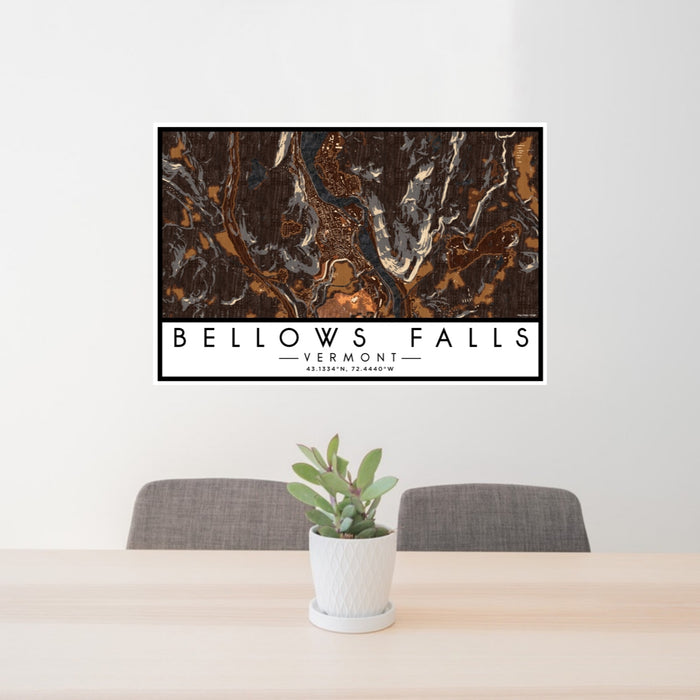 24x36 Bellows Falls Vermont Map Print Lanscape Orientation in Ember Style Behind 2 Chairs Table and Potted Plant