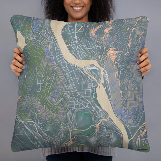Person holding 22x22 Custom Bellows Falls Vermont Map Throw Pillow in Afternoon