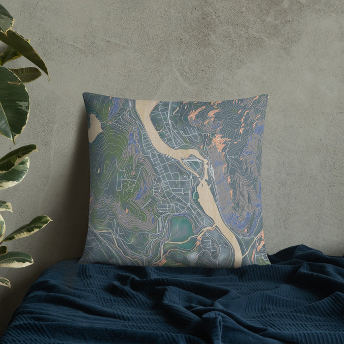 Custom Bellows Falls Vermont Map Throw Pillow in Afternoon on Bedding Against Wall
