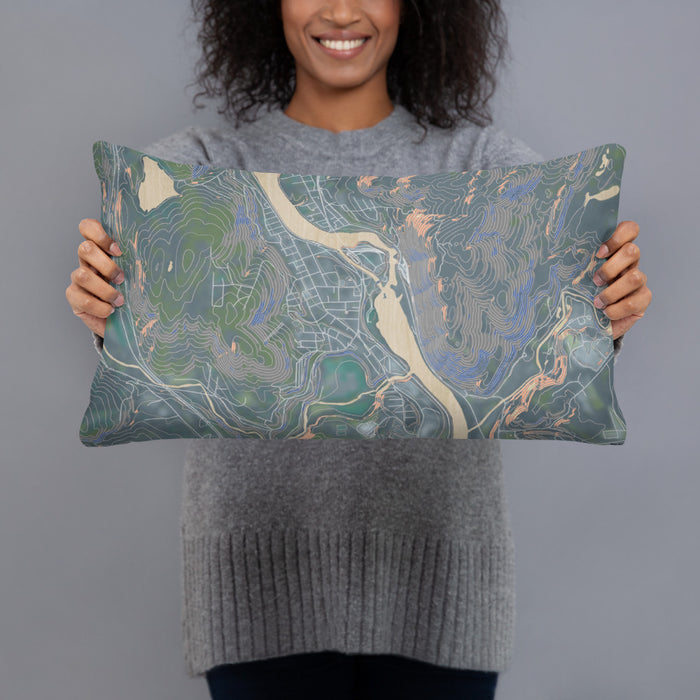 Person holding 20x12 Custom Bellows Falls Vermont Map Throw Pillow in Afternoon