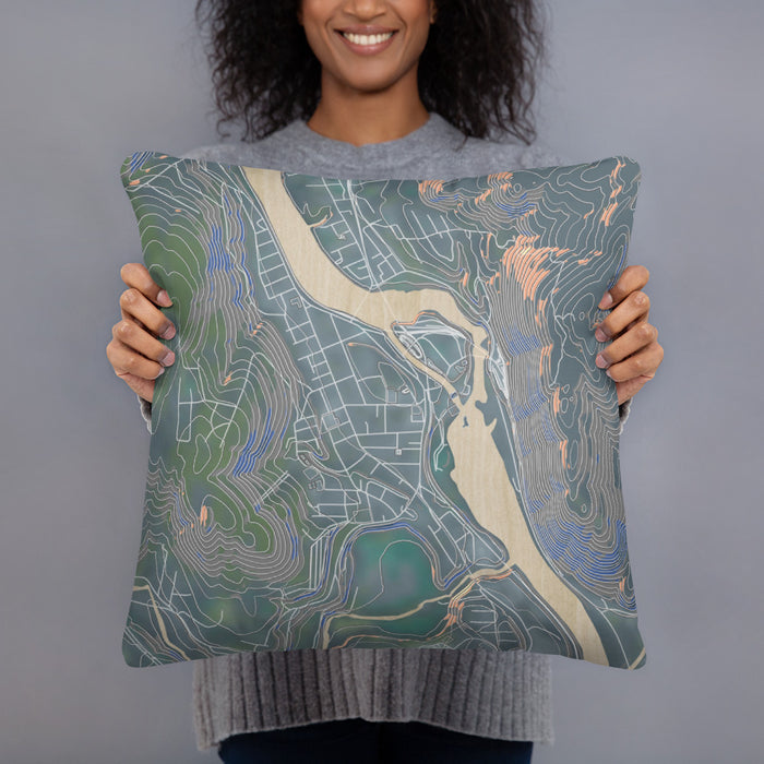 Person holding 18x18 Custom Bellows Falls Vermont Map Throw Pillow in Afternoon