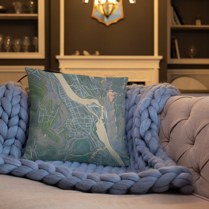 Custom Bellows Falls Vermont Map Throw Pillow in Afternoon on Cream Colored Couch