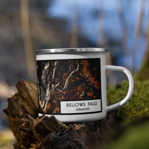 Right View Custom Bellows Falls Vermont Map Enamel Mug in Ember on Grass With Trees in Background