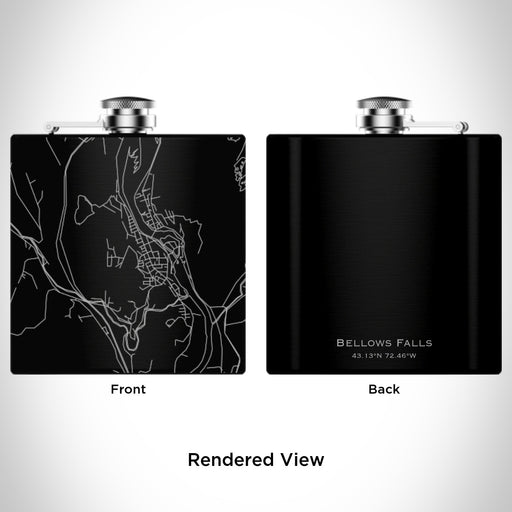 Rendered View of Bellows Falls Vermont Map Engraving on 6oz Stainless Steel Flask in Black