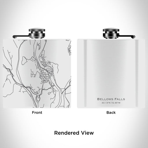 Rendered View of Bellows Falls Vermont Map Engraving on 6oz Stainless Steel Flask in White