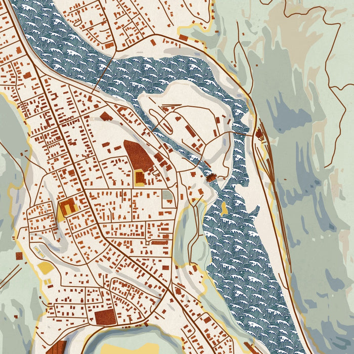 Bellows Falls Vermont Map Print in Woodblock Style Zoomed In Close Up Showing Details
