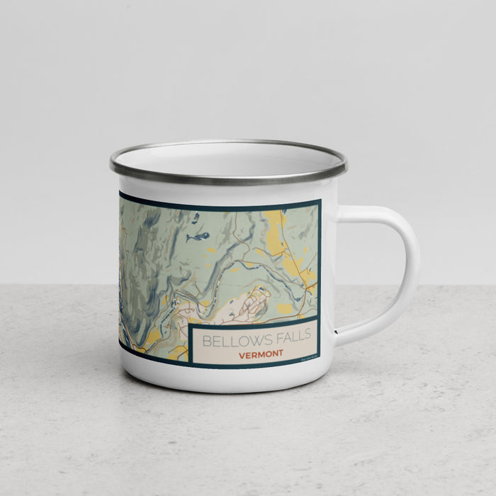 Right View Custom Bellows Falls Vermont Map Enamel Mug in Woodblock