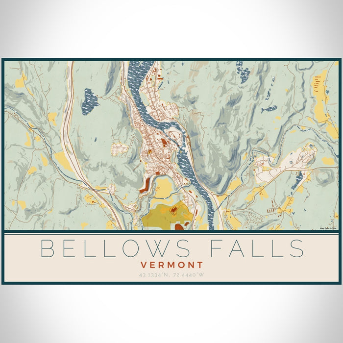 Bellows Falls Vermont Map Print Landscape Orientation in Woodblock Style With Shaded Background