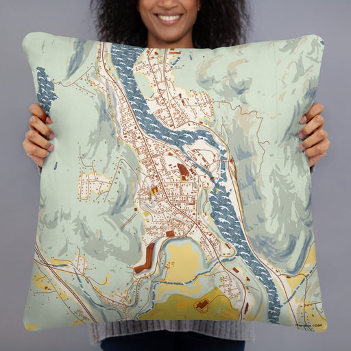 Person holding 22x22 Custom Bellows Falls Vermont Map Throw Pillow in Woodblock