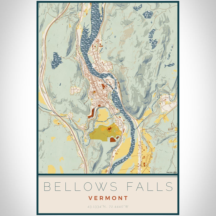 Bellows Falls Vermont Map Print Portrait Orientation in Woodblock Style With Shaded Background