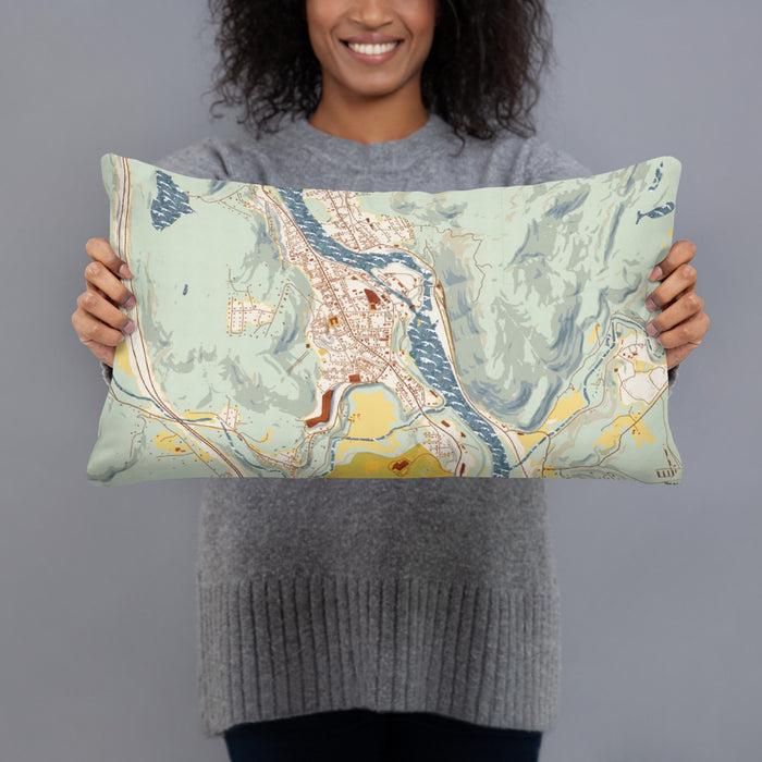 Person holding 20x12 Custom Bellows Falls Vermont Map Throw Pillow in Woodblock