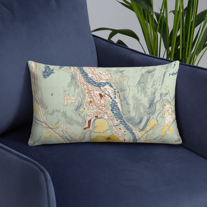 Custom Bellows Falls Vermont Map Throw Pillow in Woodblock on Blue Colored Chair