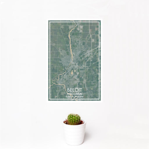 12x18 Beloit Wisconsin Map Print Portrait Orientation in Afternoon Style With Small Cactus Plant in White Planter