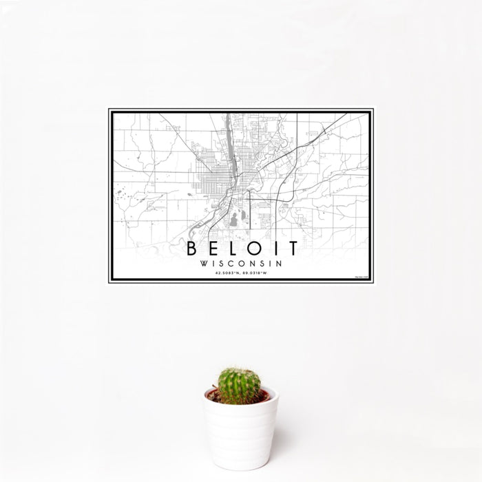 12x18 Beloit Wisconsin Map Print Landscape Orientation in Classic Style With Small Cactus Plant in White Planter