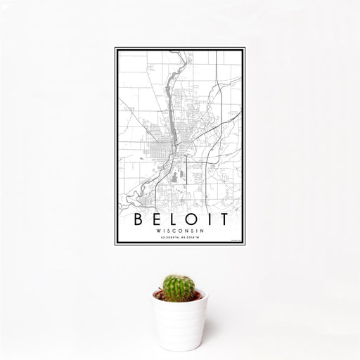 12x18 Beloit Wisconsin Map Print Portrait Orientation in Classic Style With Small Cactus Plant in White Planter