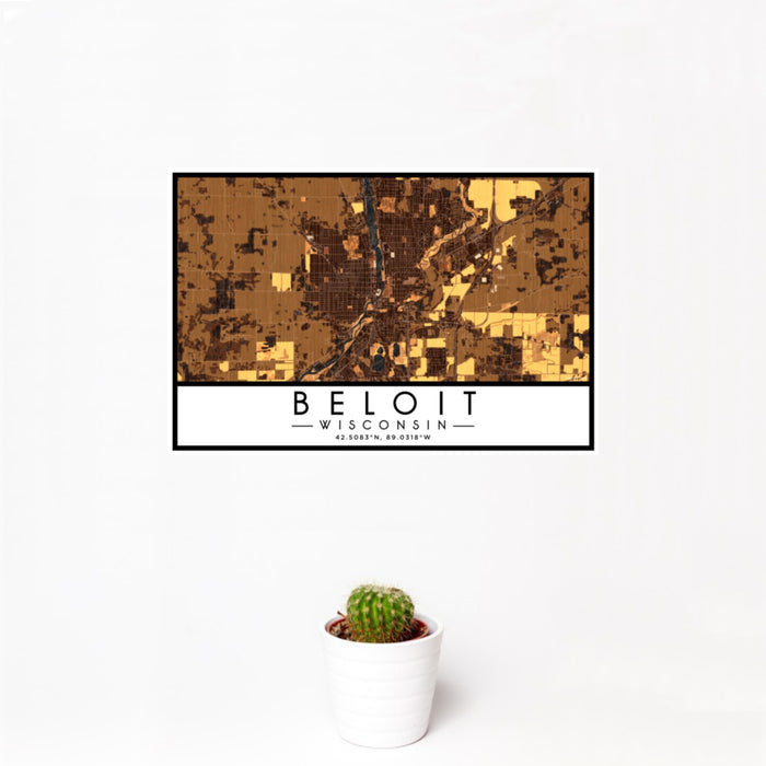 12x18 Beloit Wisconsin Map Print Landscape Orientation in Ember Style With Small Cactus Plant in White Planter