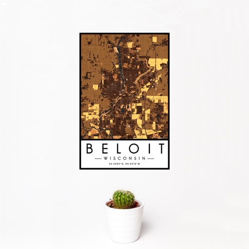 12x18 Beloit Wisconsin Map Print Portrait Orientation in Ember Style With Small Cactus Plant in White Planter