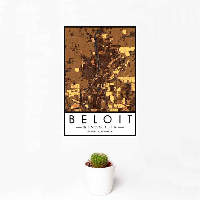 12x18 Beloit Wisconsin Map Print Portrait Orientation in Ember Style With Small Cactus Plant in White Planter