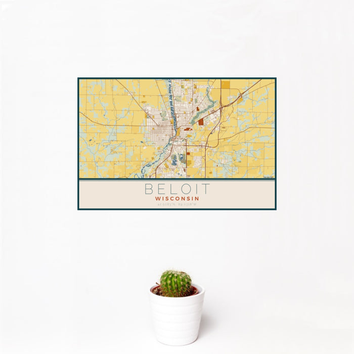 12x18 Beloit Wisconsin Map Print Landscape Orientation in Woodblock Style With Small Cactus Plant in White Planter