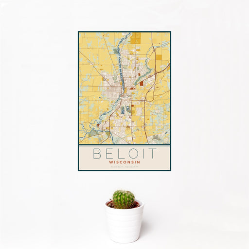 12x18 Beloit Wisconsin Map Print Portrait Orientation in Woodblock Style With Small Cactus Plant in White Planter