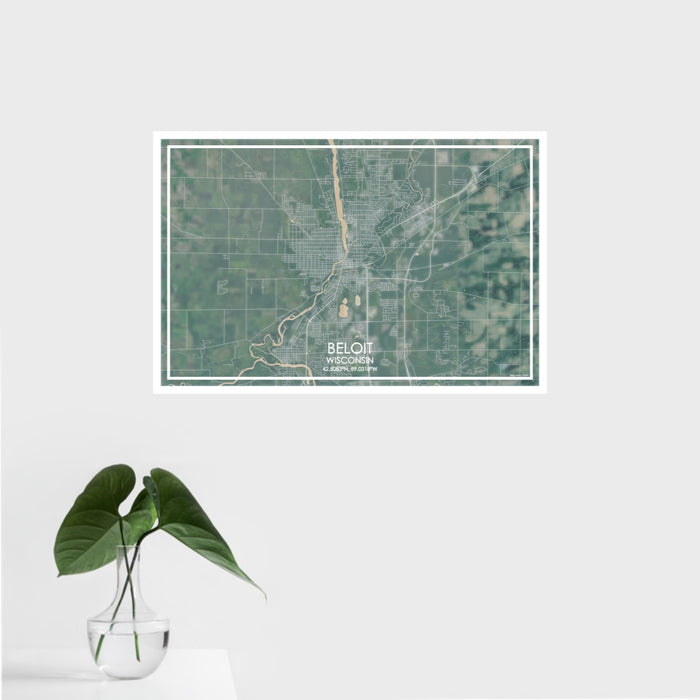 16x24 Beloit Wisconsin Map Print Landscape Orientation in Afternoon Style With Tropical Plant Leaves in Water