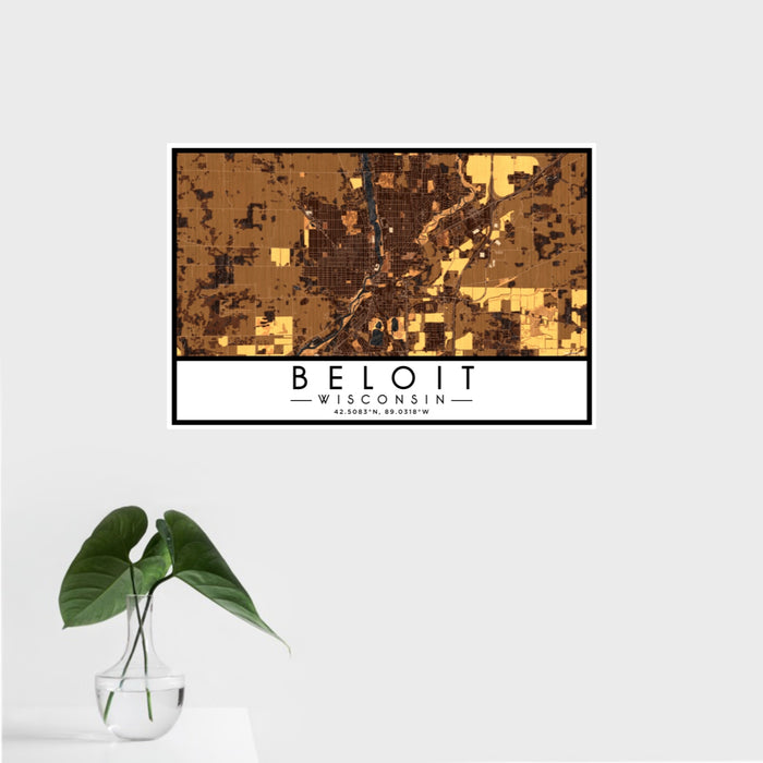 16x24 Beloit Wisconsin Map Print Landscape Orientation in Ember Style With Tropical Plant Leaves in Water