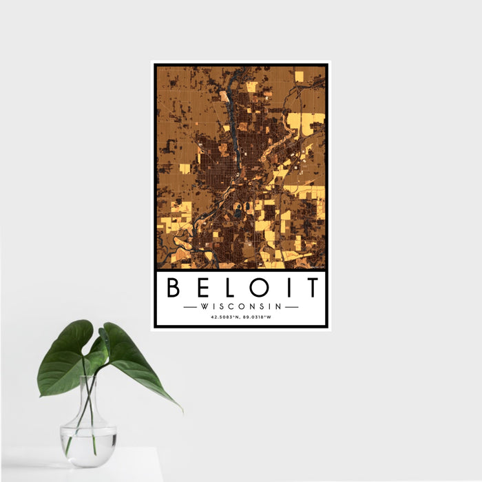 16x24 Beloit Wisconsin Map Print Portrait Orientation in Ember Style With Tropical Plant Leaves in Water