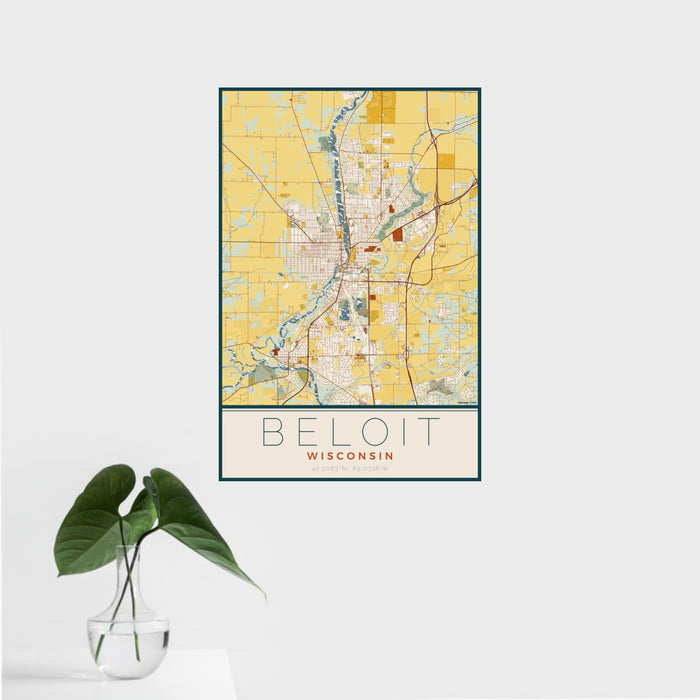 16x24 Beloit Wisconsin Map Print Portrait Orientation in Woodblock Style With Tropical Plant Leaves in Water