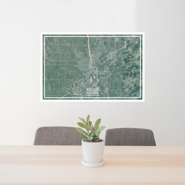 24x36 Beloit Wisconsin Map Print Lanscape Orientation in Afternoon Style Behind 2 Chairs Table and Potted Plant