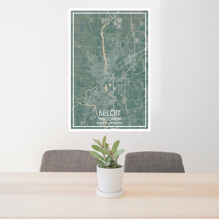 24x36 Beloit Wisconsin Map Print Portrait Orientation in Afternoon Style Behind 2 Chairs Table and Potted Plant