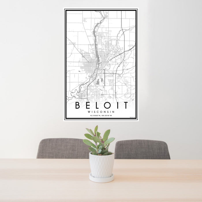 24x36 Beloit Wisconsin Map Print Portrait Orientation in Classic Style Behind 2 Chairs Table and Potted Plant