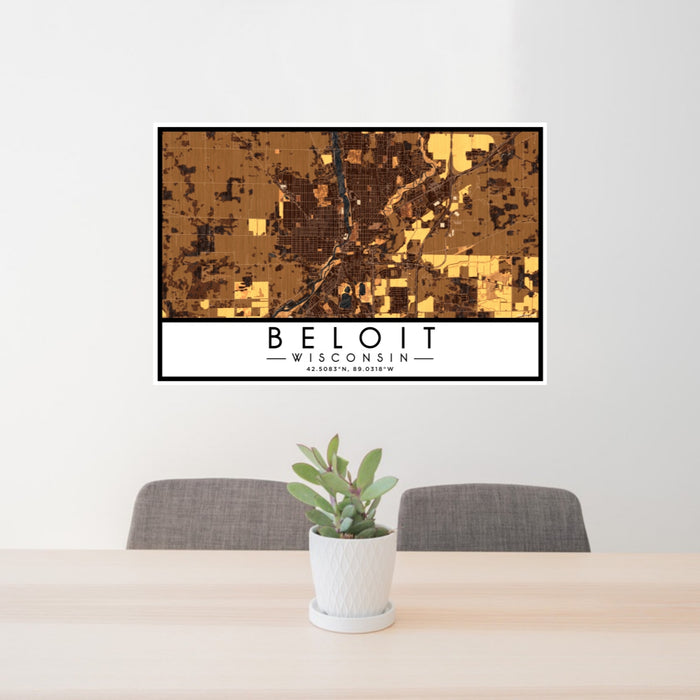 24x36 Beloit Wisconsin Map Print Lanscape Orientation in Ember Style Behind 2 Chairs Table and Potted Plant